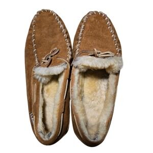 LL Bean Wicked Good Slippers Mens 8 M Suede Shearling Moccasins Brown